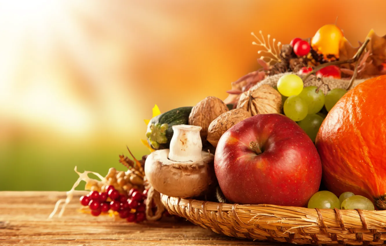 Photo wallpaper mushrooms, Apple, grapes, pumpkin, fruit, nuts, vegetables, dry leaves