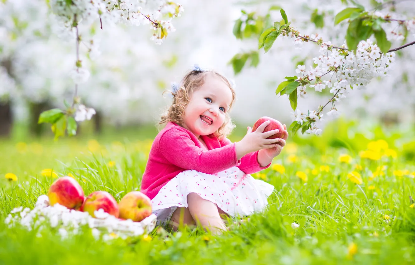 Photo wallpaper joy, flowers, child, spring, grass, weed, flowers, spring
