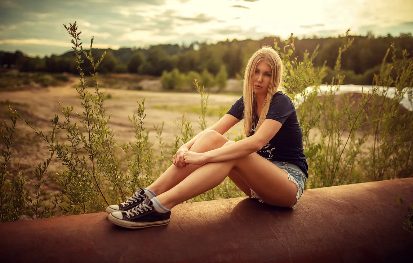 Photo wallpaper grass, the sun, trees, nature, pose, model, shorts, sneakers