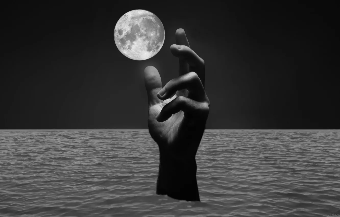 Photo wallpaper sea, the moon, hands, a remake