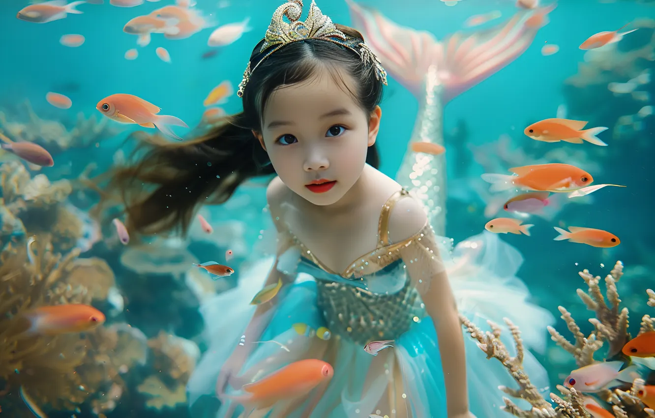 Photo wallpaper look, hair, mermaid, fish, corals, girl, tail, underwater world