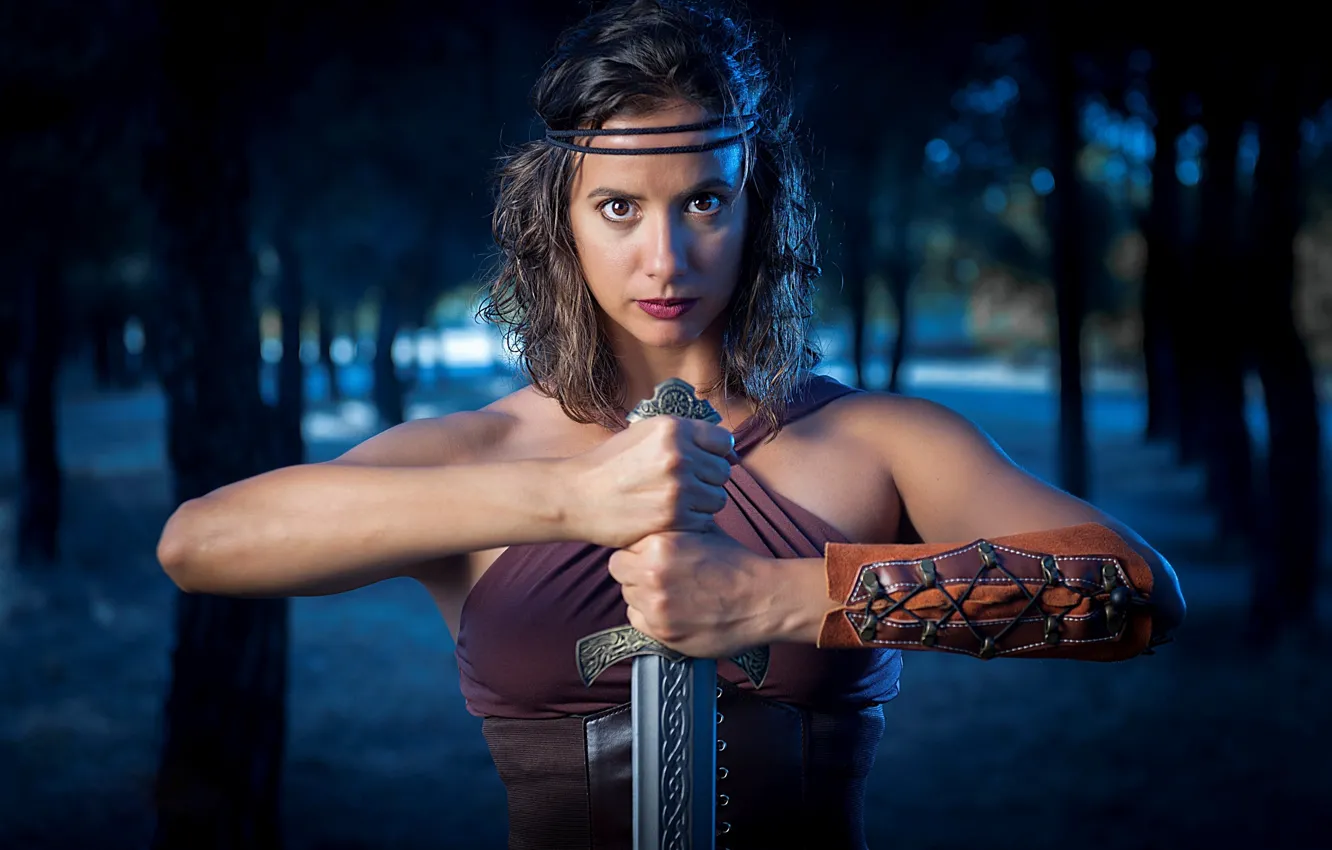 Photo wallpaper sword, forest, beauty, brunette, warrior, Outside