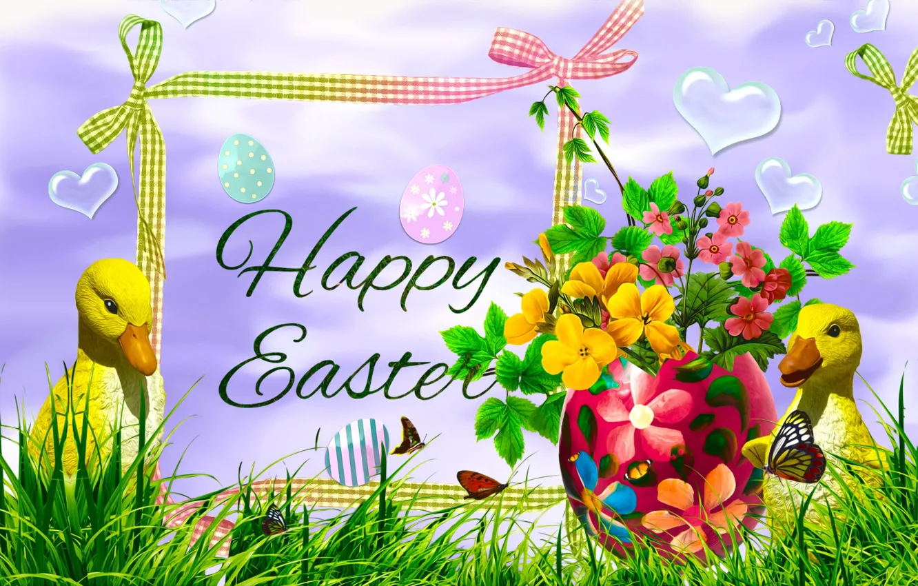 Photo wallpaper Congratulations, Flowers, Easter, Ducks