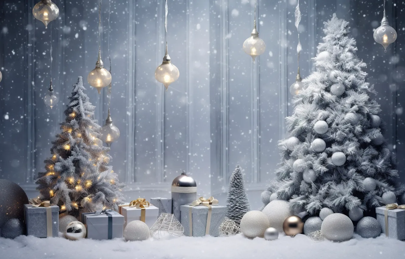 Photo wallpaper winter, snow, decoration, balls, tree, New Year, Christmas, gifts