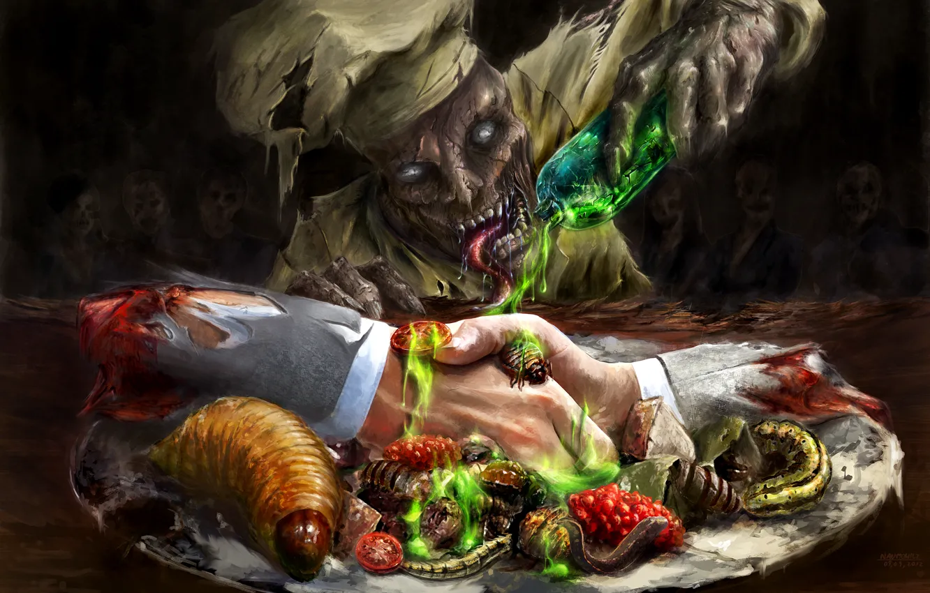 Photo wallpaper blood, bottle, hands, art, zombies, cook, insect, waiting