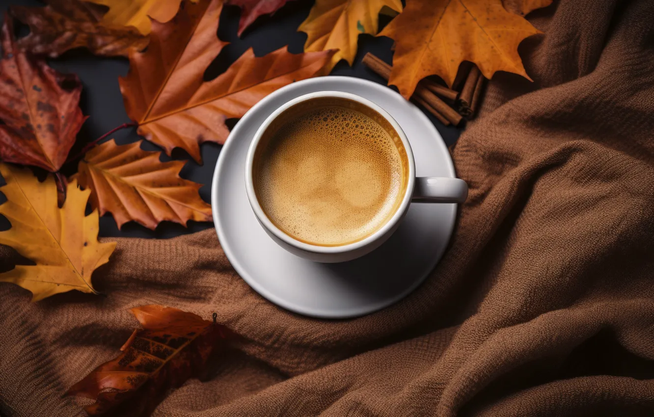 Photo wallpaper autumn, leaves, autumn, leaves, cup, coffee, cozy, a Cup of coffee