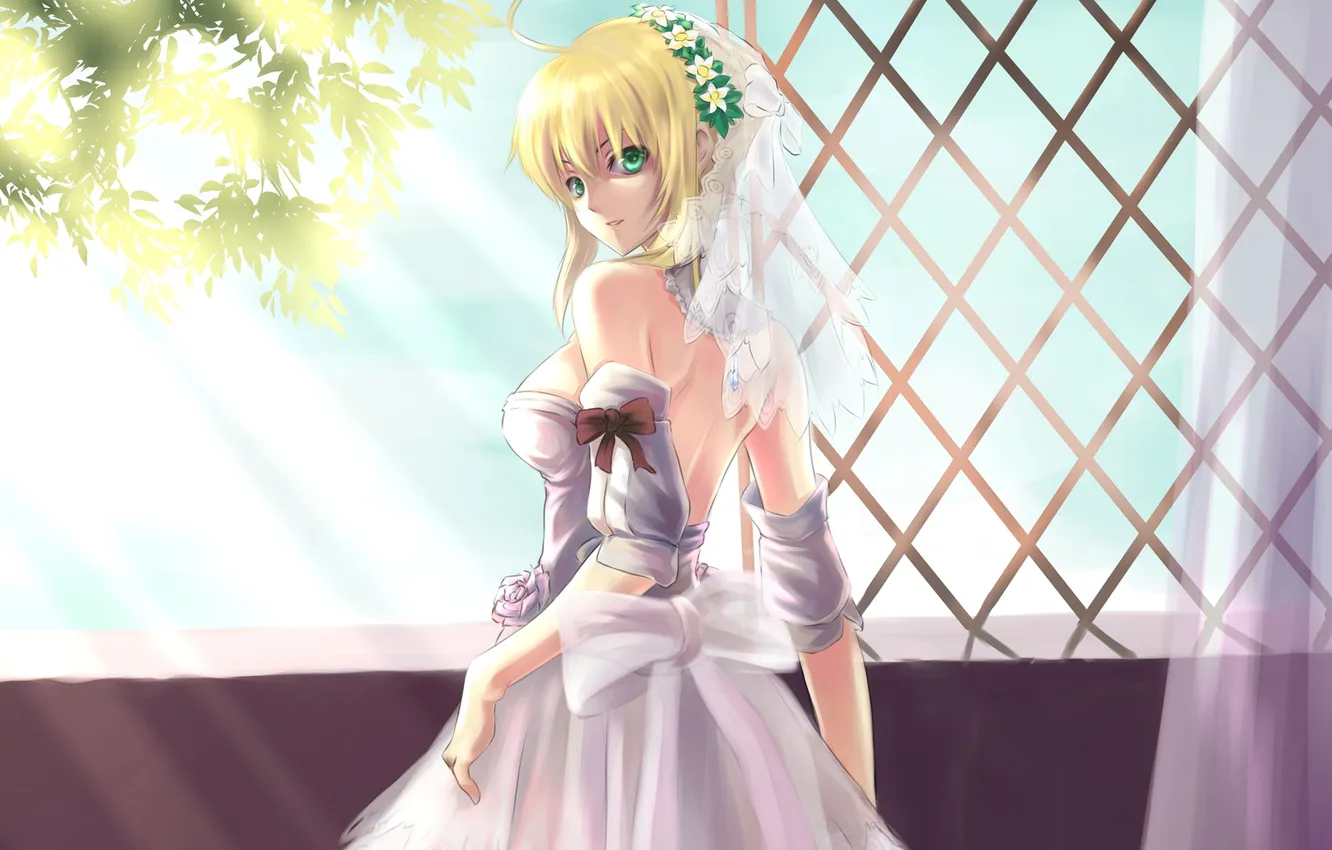 Photo wallpaper girl, dress, window, art, Fate Stay Night, the bride, veil, saber