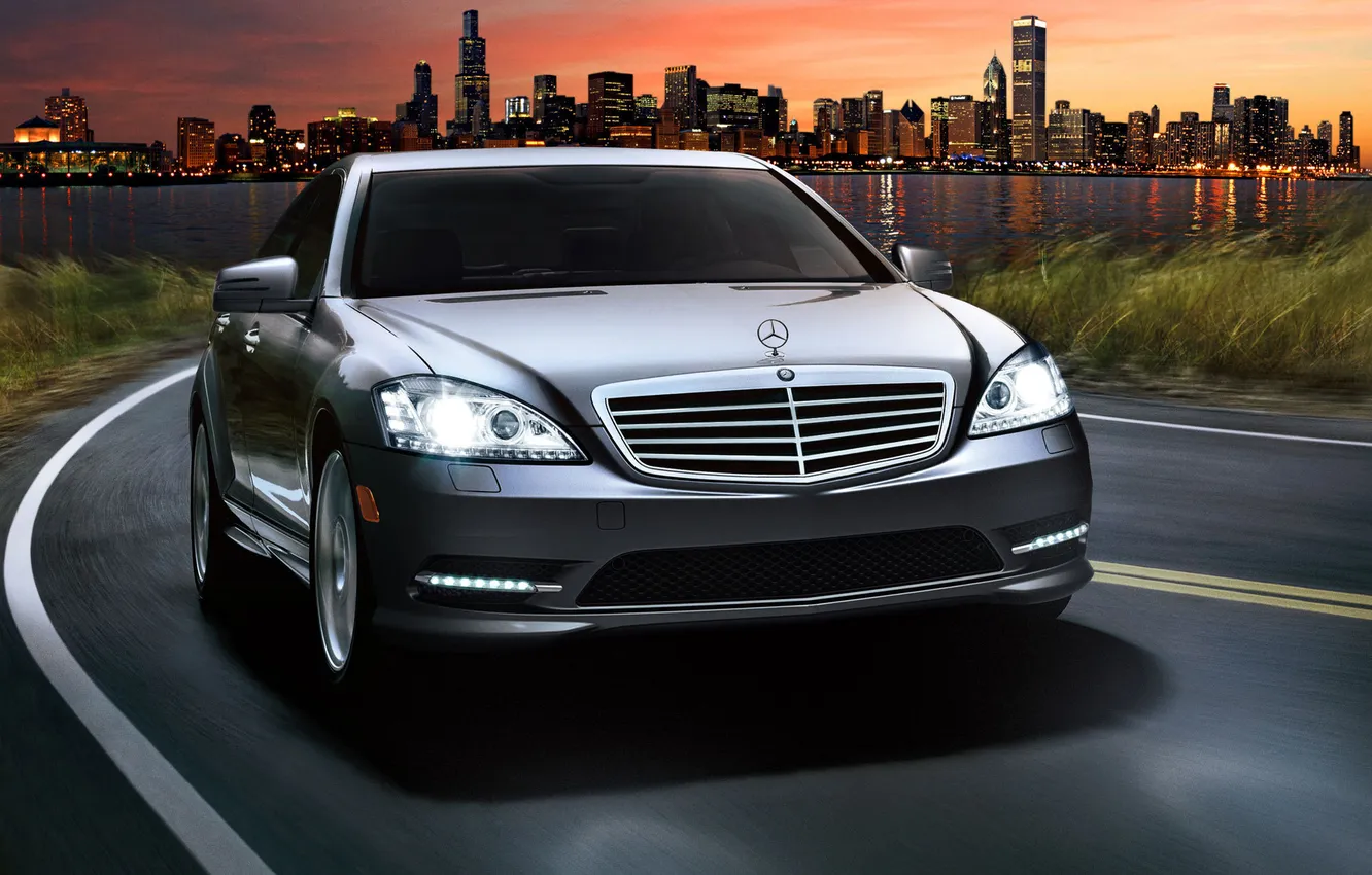 Photo wallpaper road, sunset, Mercedes-Benz, skyscrapers, silver, panorama, Mercedes, S550