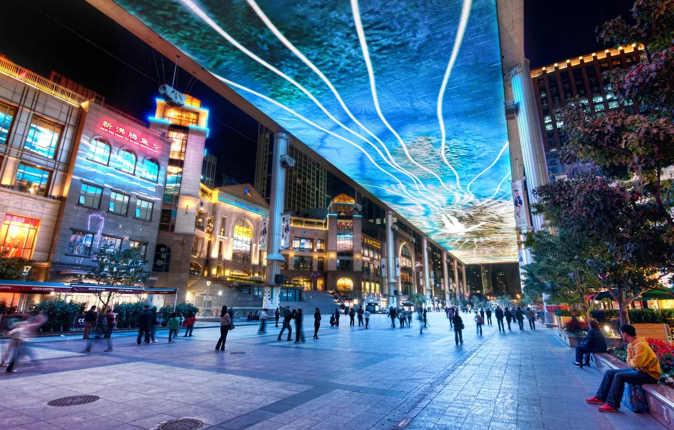 Photo wallpaper flowers, lights, street, people, HDR, home