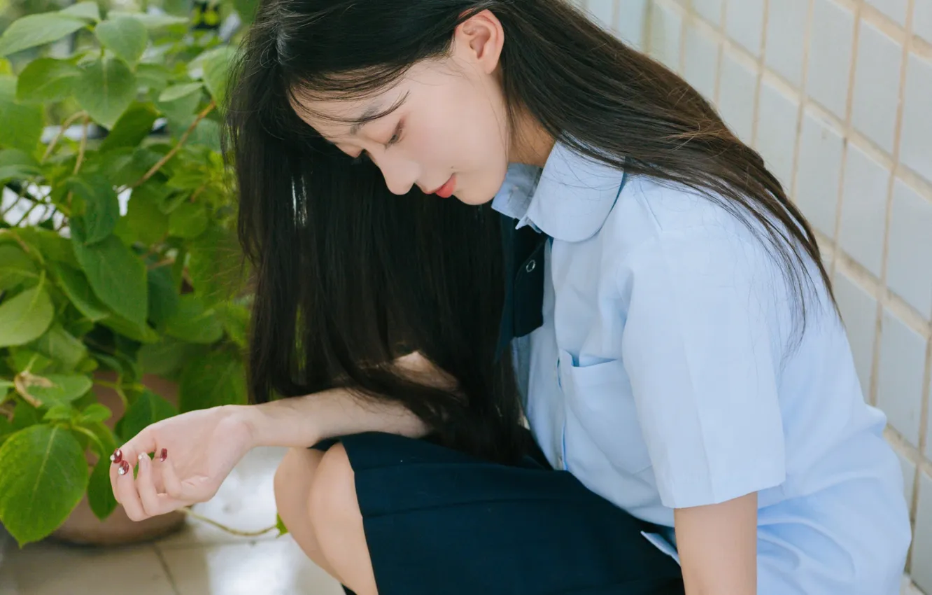 Photo wallpaper woman, smile, beautiful, model, pretty, asian, cute, plants