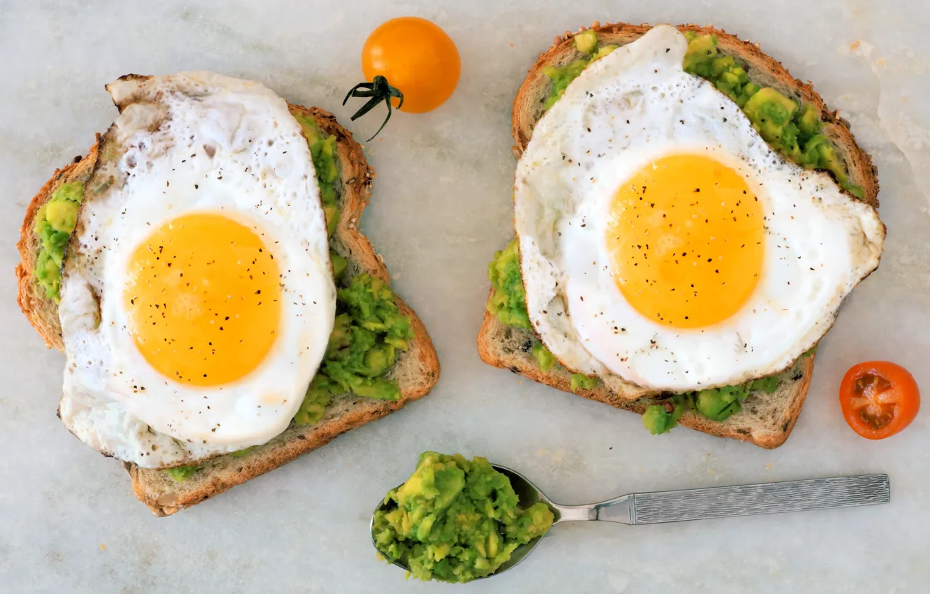 Photo wallpaper Tomatoes, Breakfast, Sandwiches, Scrambled eggs, Bread