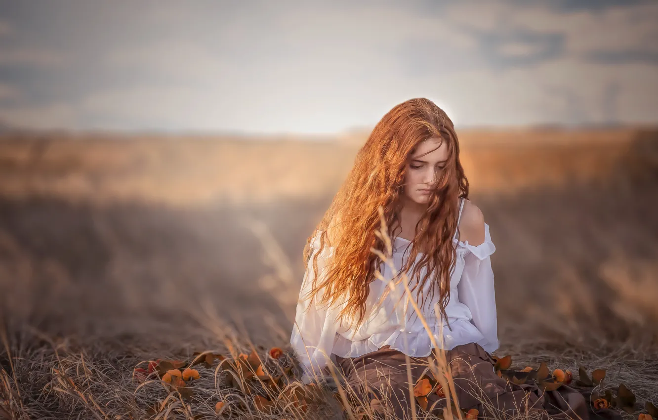 Photo wallpaper field, autumn, girl