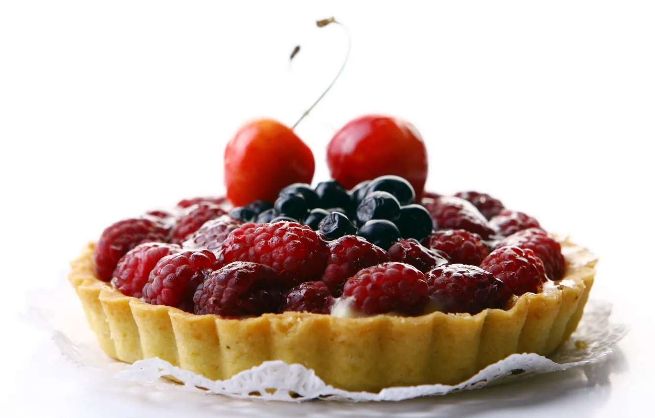 Photo wallpaper cherry, berries, raspberry, food, blueberries, pie, cake, cream