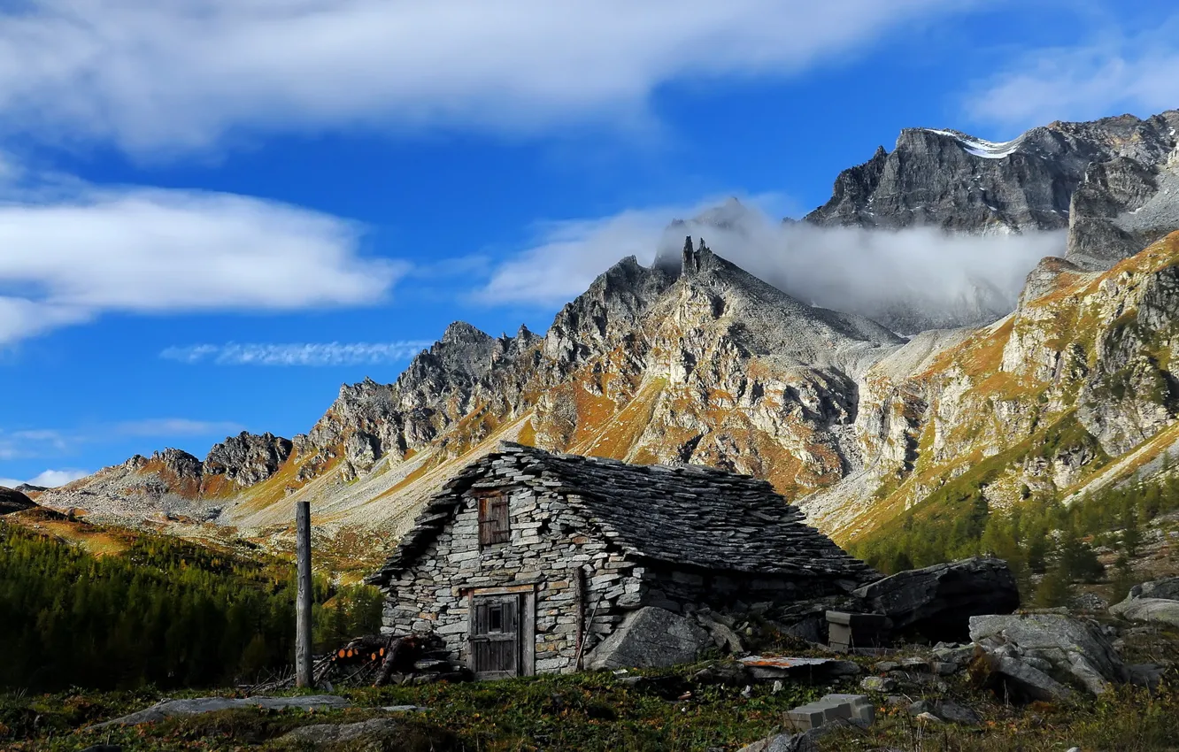 Photo wallpaper landscape, mountains, house