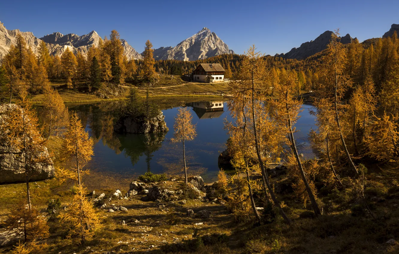 Photo wallpaper autumn, forest, mountains, reflection, shore, house, pond