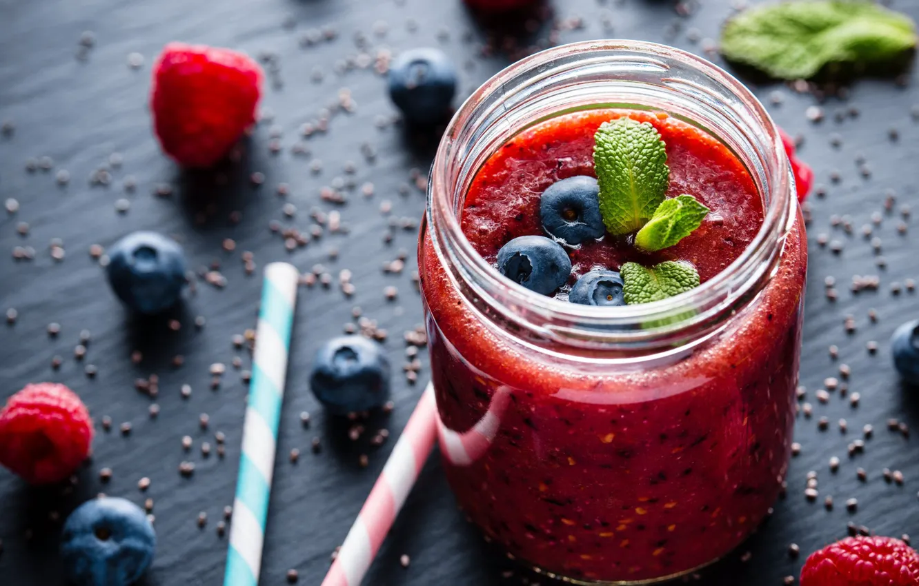 Photo wallpaper berries, raspberry, table, blueberries, Bank, mint, bokeh, puree