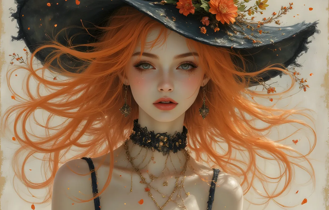 Photo wallpaper look, girl, portrait, hat, fantasy, witch, redhead, flowing hair
