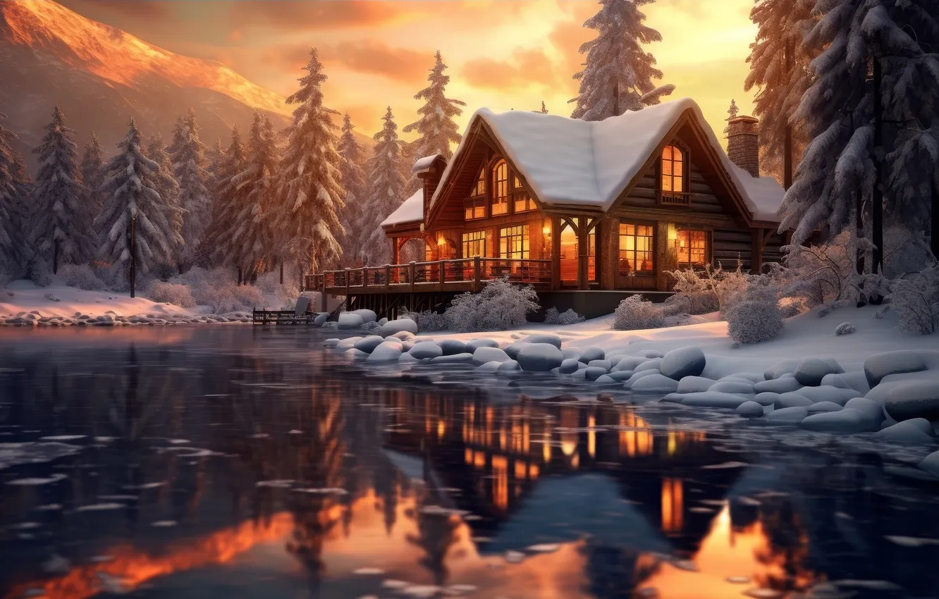 Photo wallpaper winter, frost, the sun, light, snow, trees, landscape, sunset