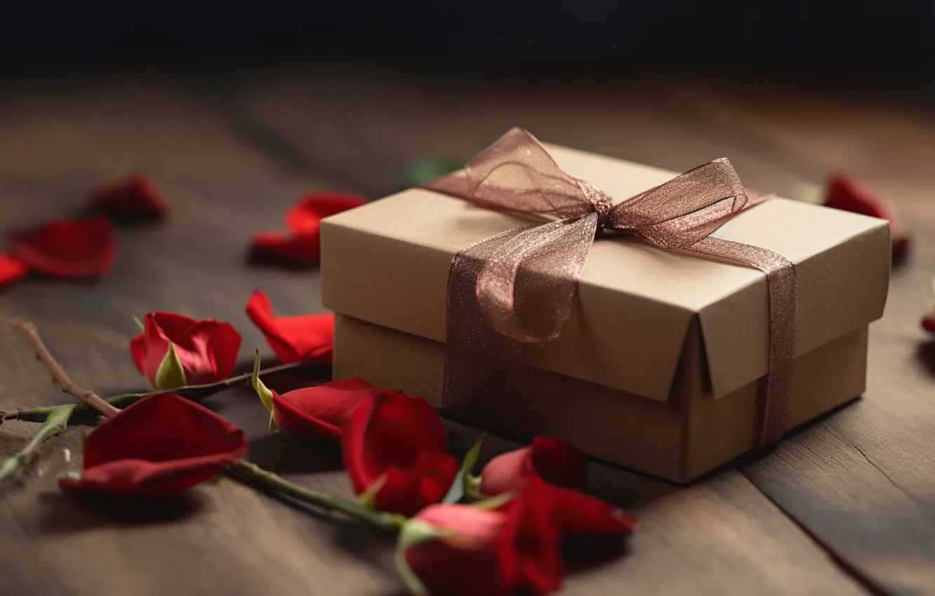 Photo wallpaper holiday, box, gift, Board, roses, petals, placer, bow