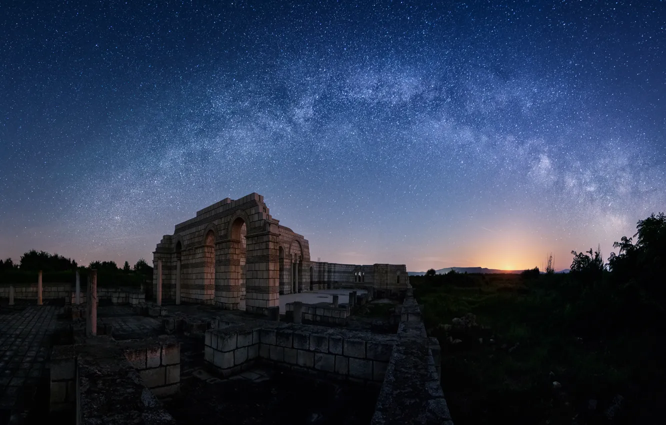 Photo wallpaper stars, devastation, the milky way, Bulgaria, secrets, Pliska, The Great Basilica, moonrise