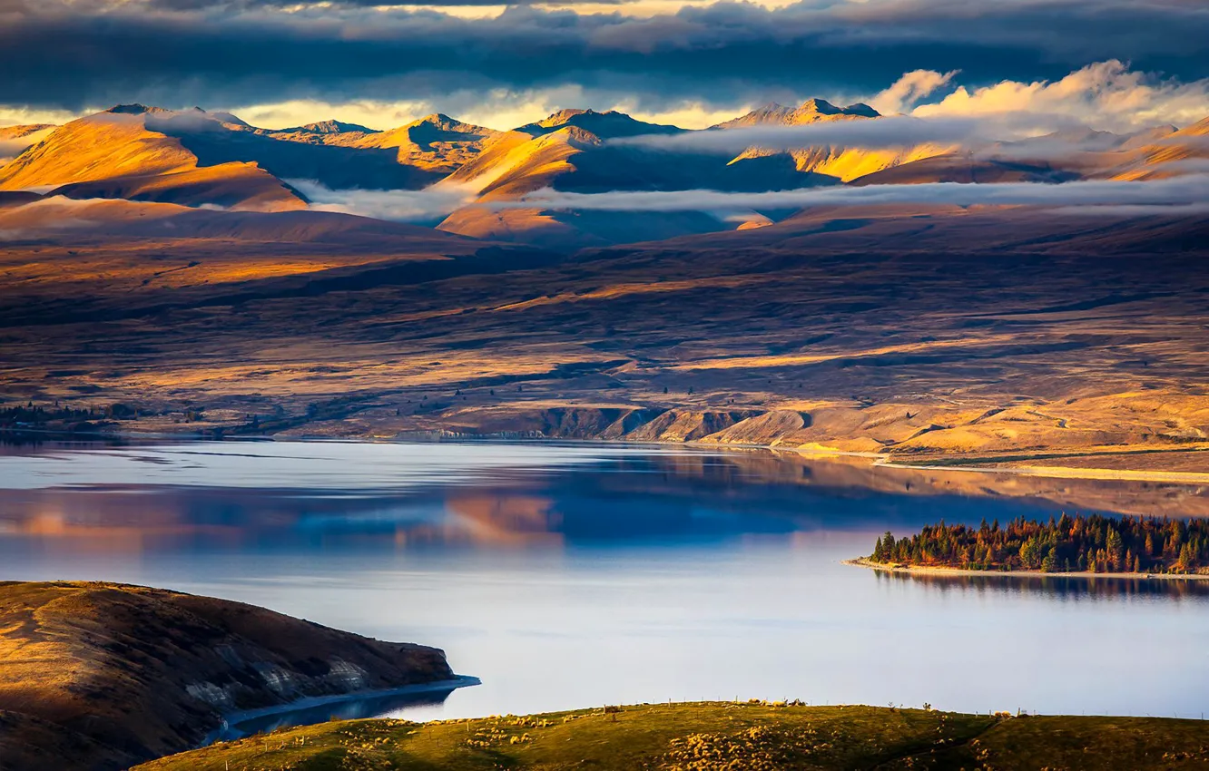 Photo wallpaper the sky, clouds, trees, sunset, mountains, lake