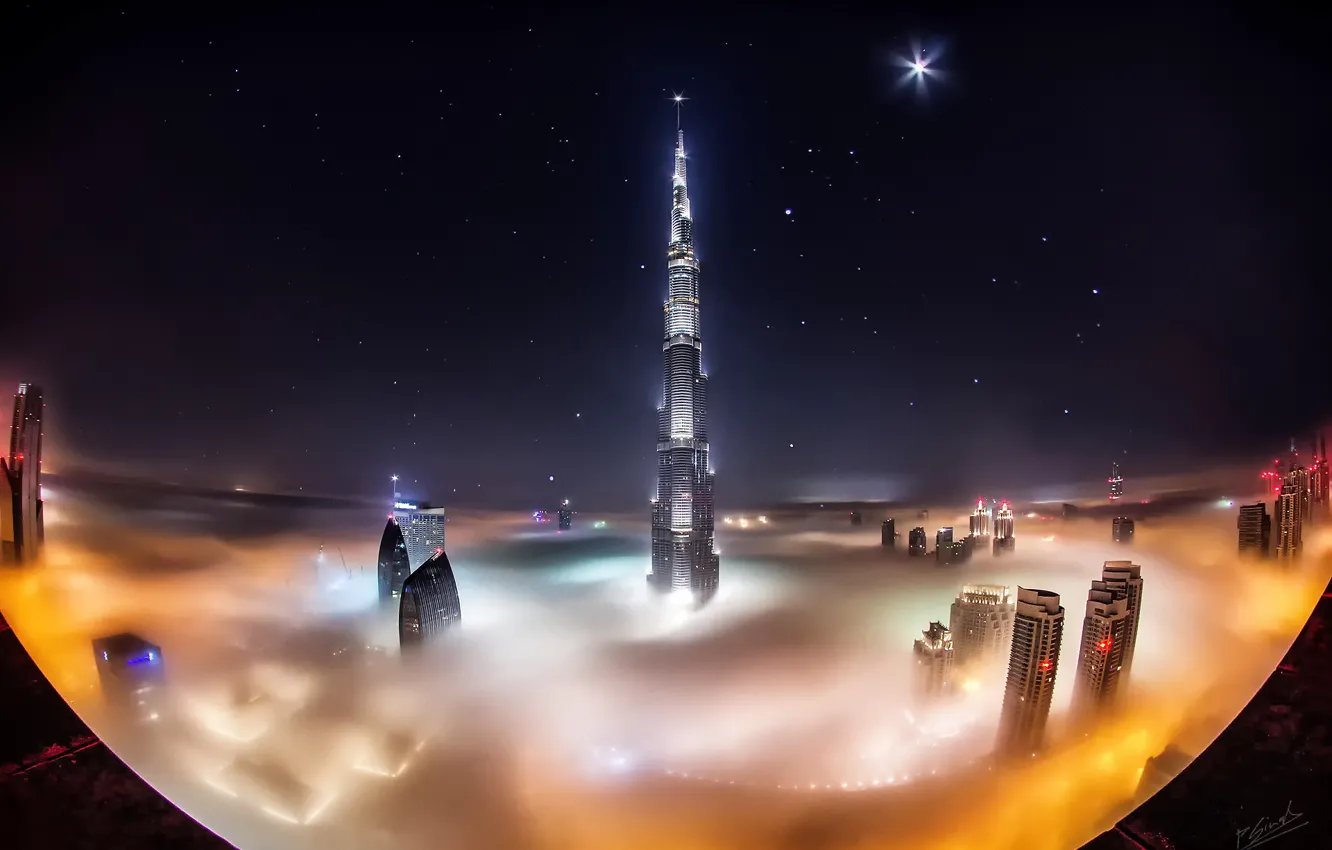 Photo wallpaper stars, clouds, night, the city, fog, Dubai, Dubai, skyscrapers