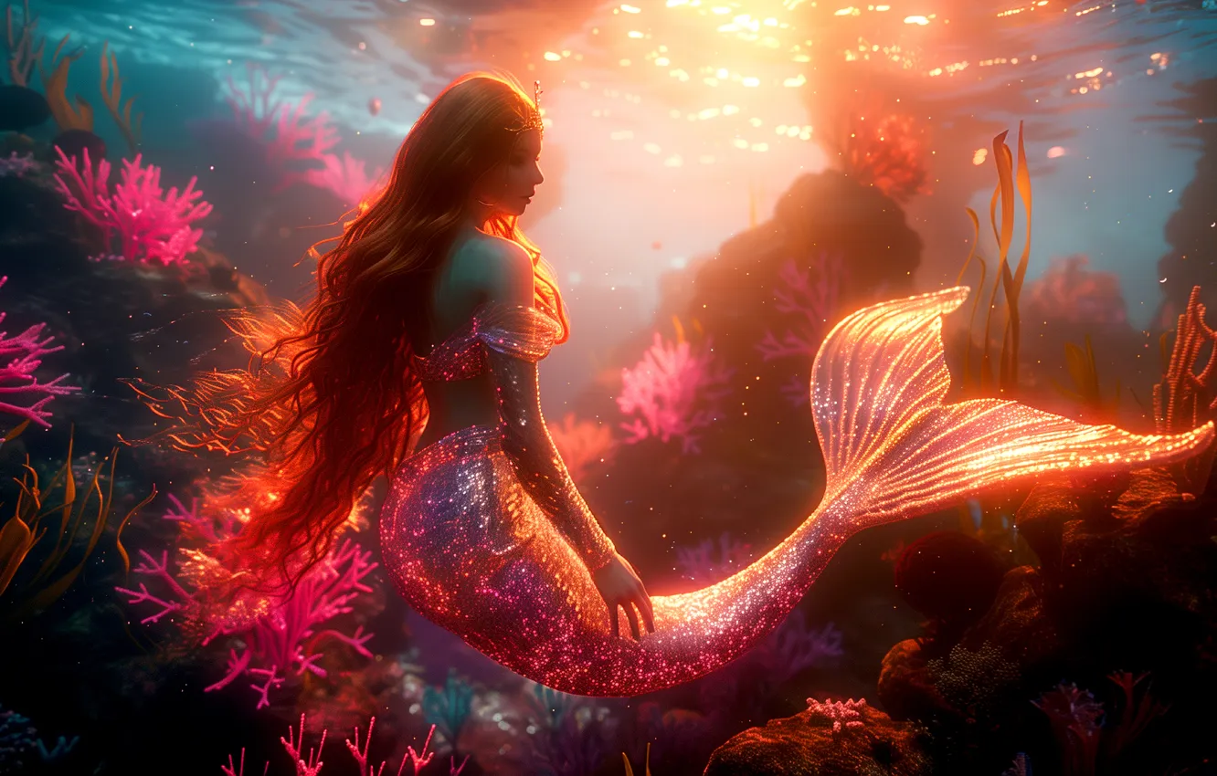 Photo wallpaper Girl, Mermaid, Hair, Underwater world, Tail, Digital art, Coral, AI art