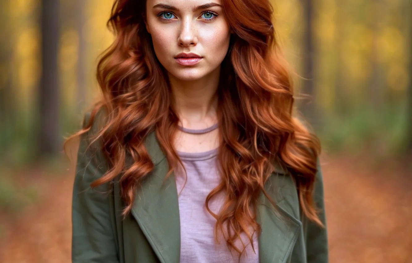 Photo wallpaper Autumn, Hair, T-shirt, Red, Blurred background, Coat