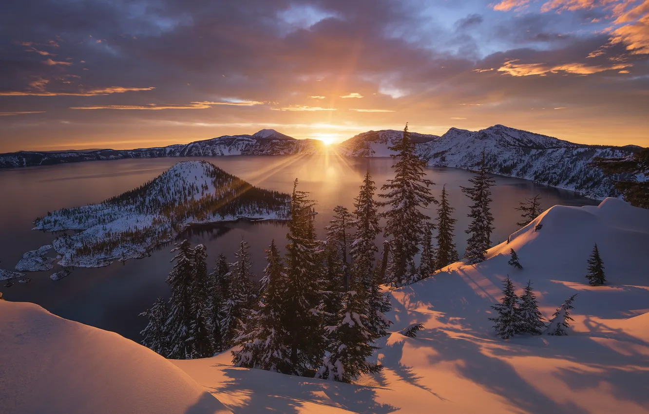 Photo wallpaper winter, forest, the sky, clouds, snow, lake, island, The sun
