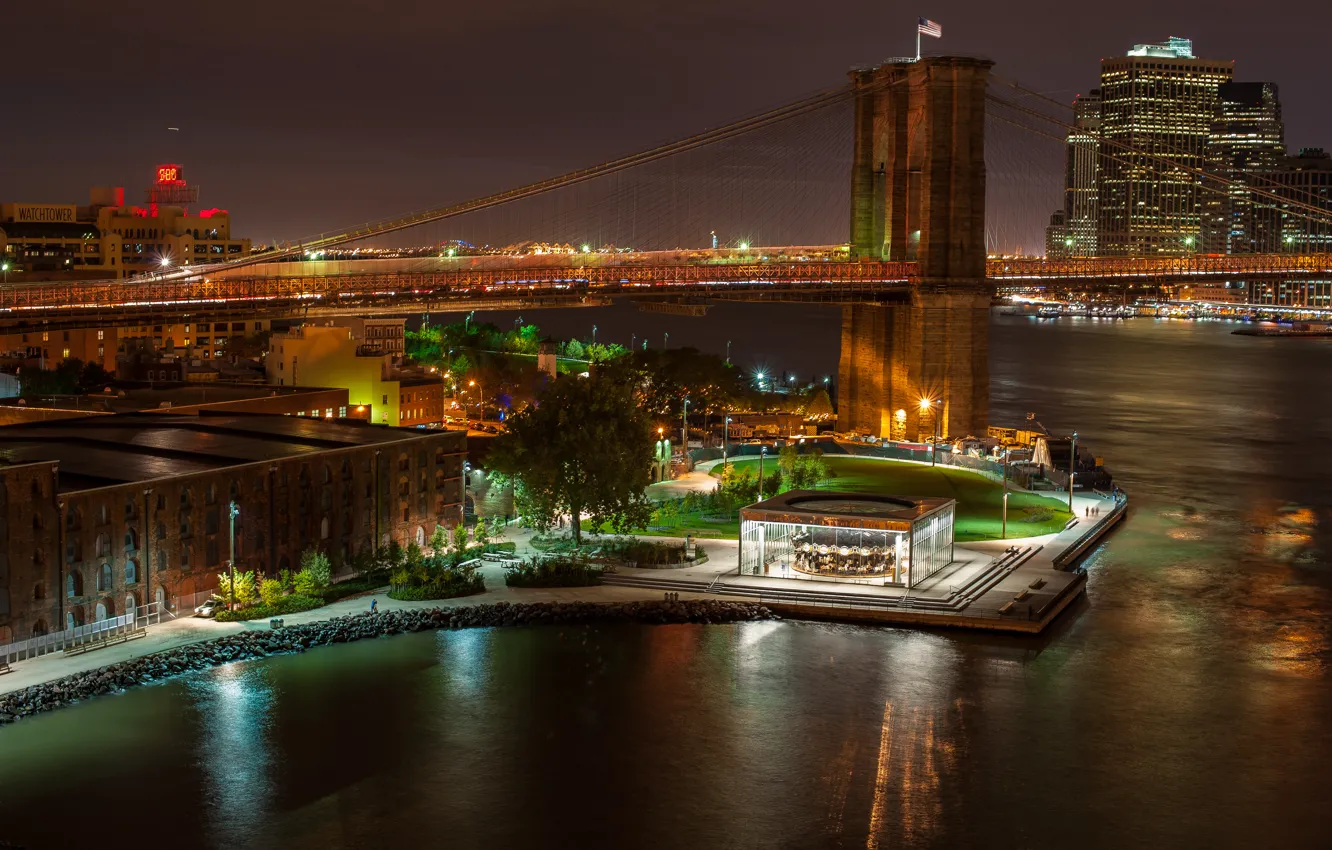 Photo wallpaper night, bridge, city, building, New York, USA, bridge, night
