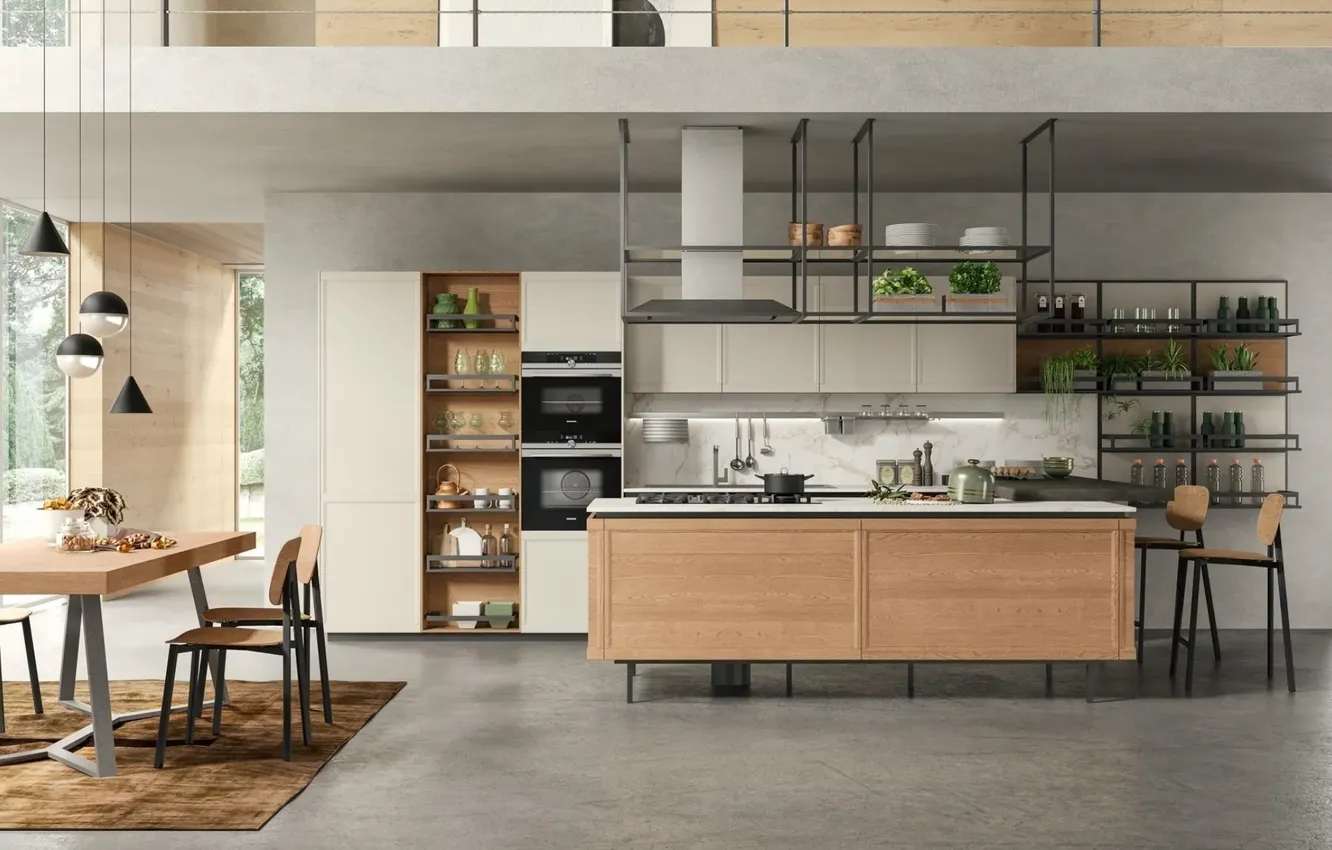 Photo wallpaper style, Villa, interior, Italy, kitchen, dining room, dining area, Italian design