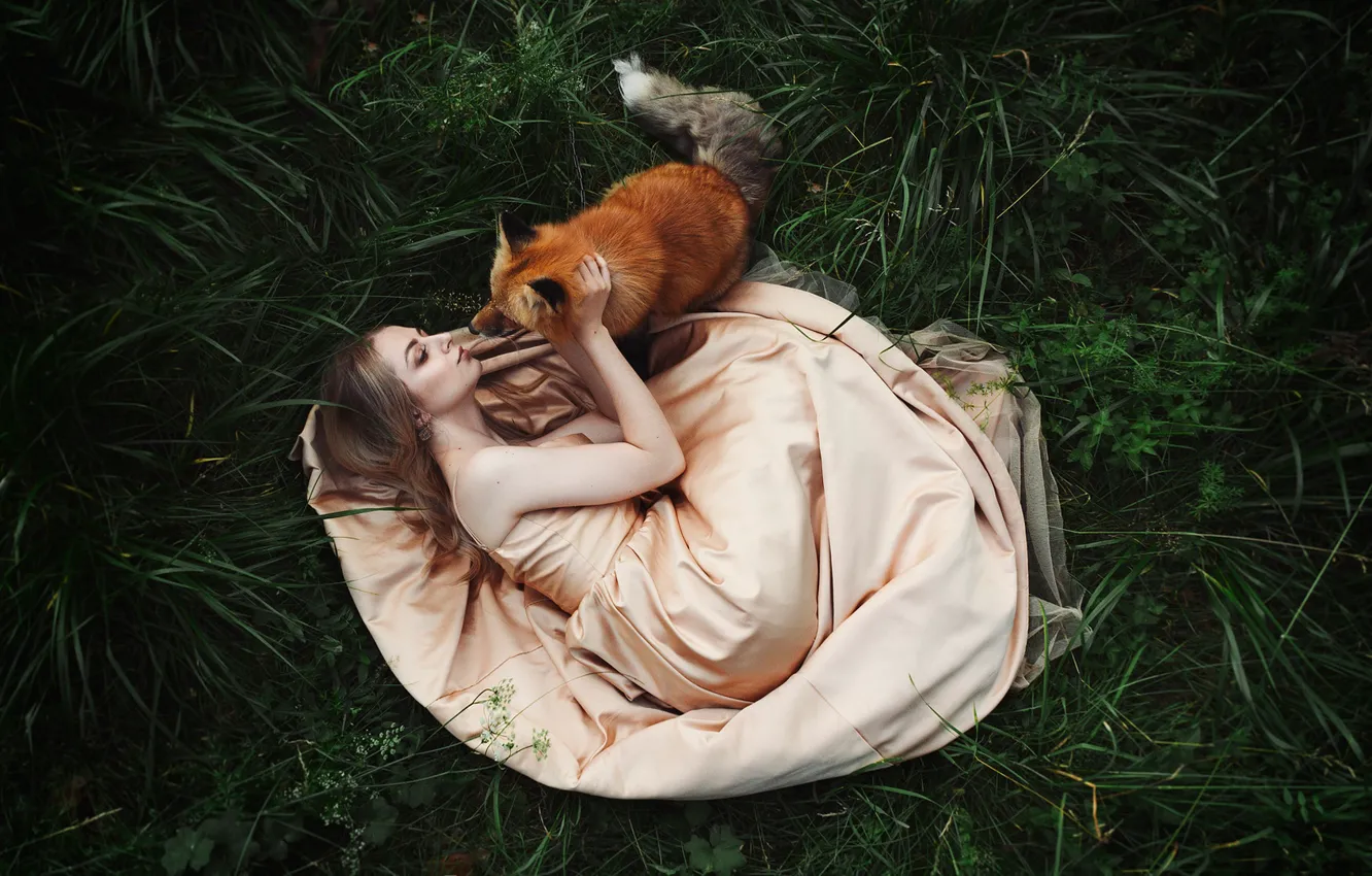 Photo wallpaper grass, girl, pose, each, mood, dress, friendship, Fox