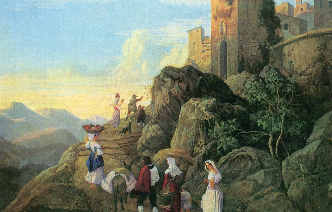 Photo wallpaper landscape, mountains, the city, rocks, people, tower, home, trail