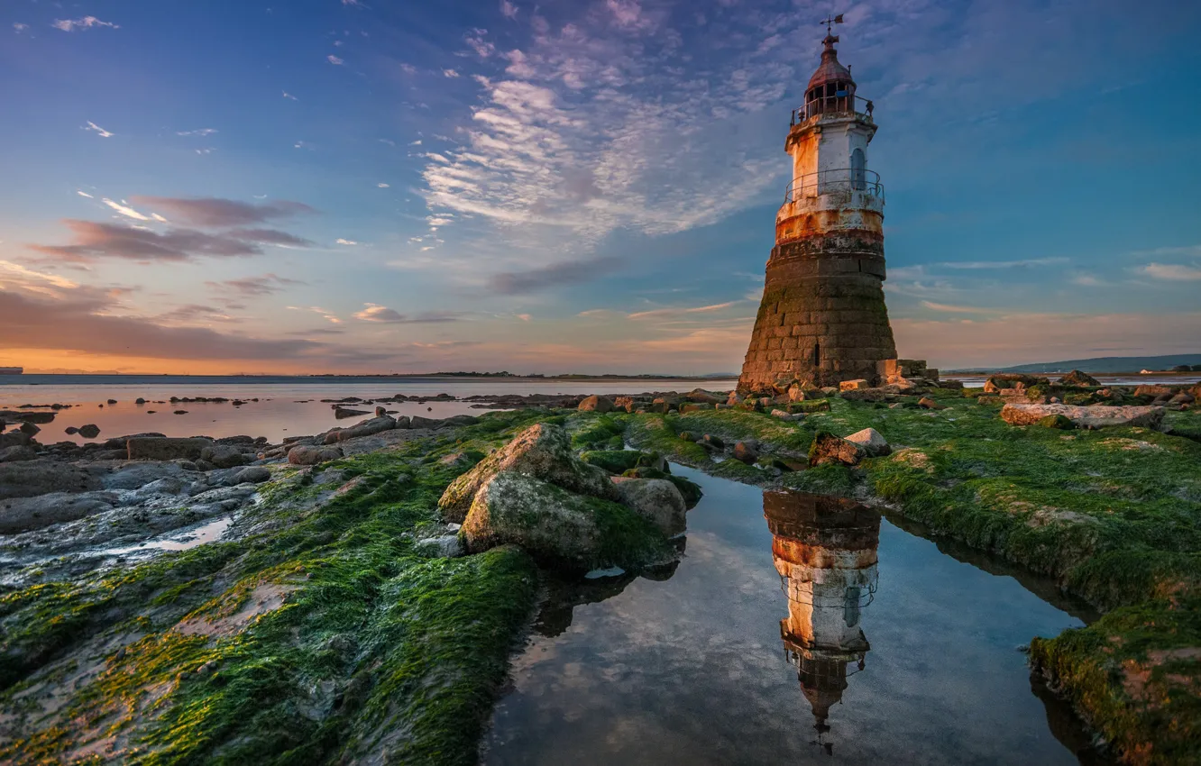 Photo wallpaper reflection, river, coast, lighthouse, England, England, Lancashire, Lancashire