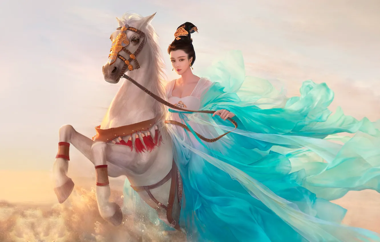 Photo wallpaper girl, horse, rider, art, fantasy, Da congjun, fanbingbing
