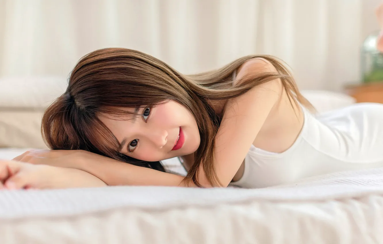 Photo wallpaper smile, Asian, brown eyes, charming girl, lying in bed