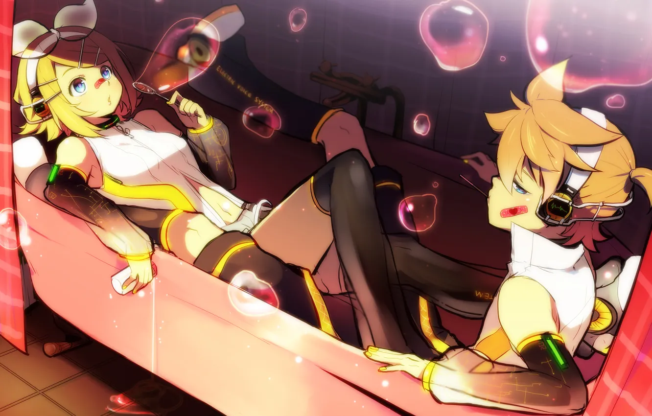 Photo wallpaper girl, bubbles, headphones, art, bath, guy, vocaloid, bow