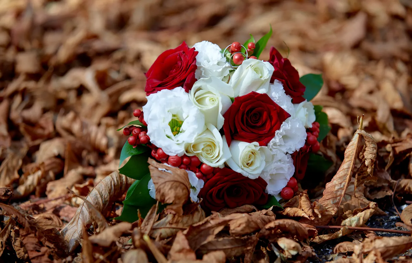 Photo wallpaper leaves, bouquet, ring, wedding, bokeh
