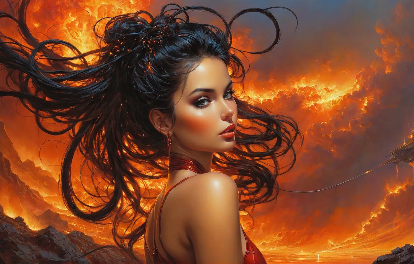 Photo wallpaper look, girl, fantasy, lava