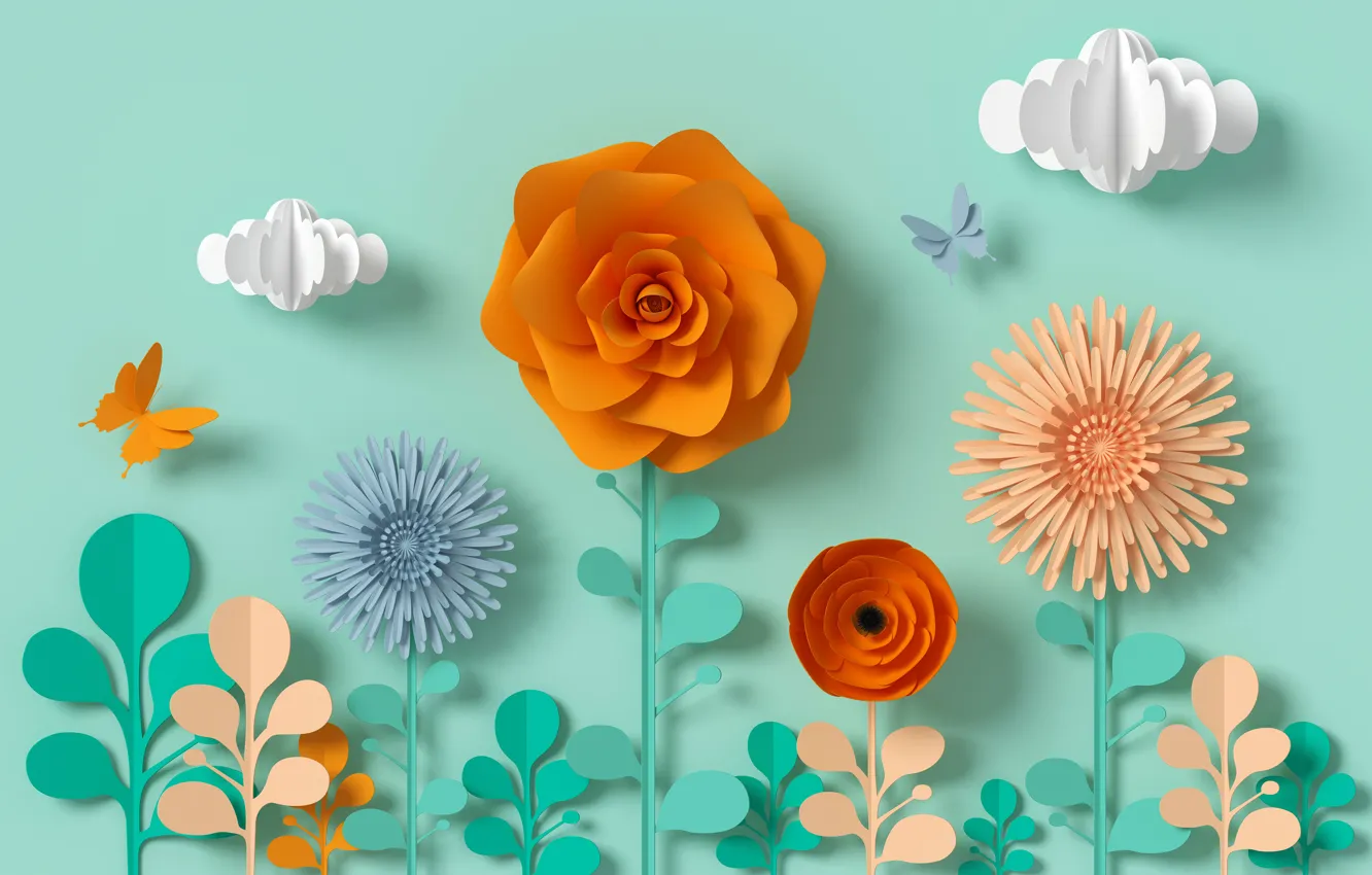 Photo wallpaper flowers, style, paper, background, blue