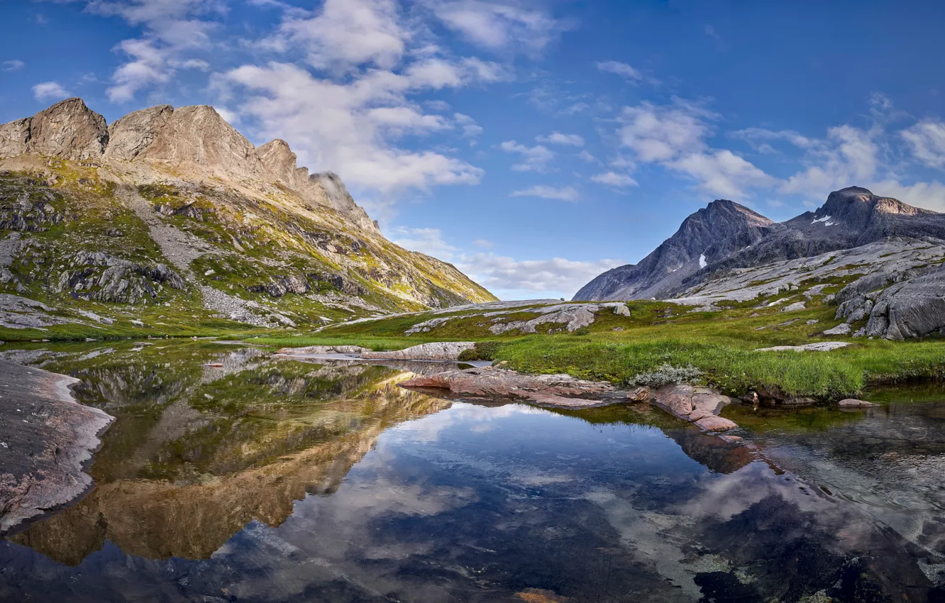 Photo wallpaper clouds, mountains, lake