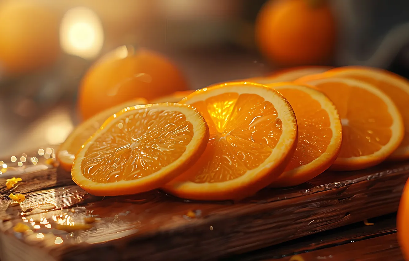 Photo wallpaper drops, Board, orange, slices, AI art, neural network
