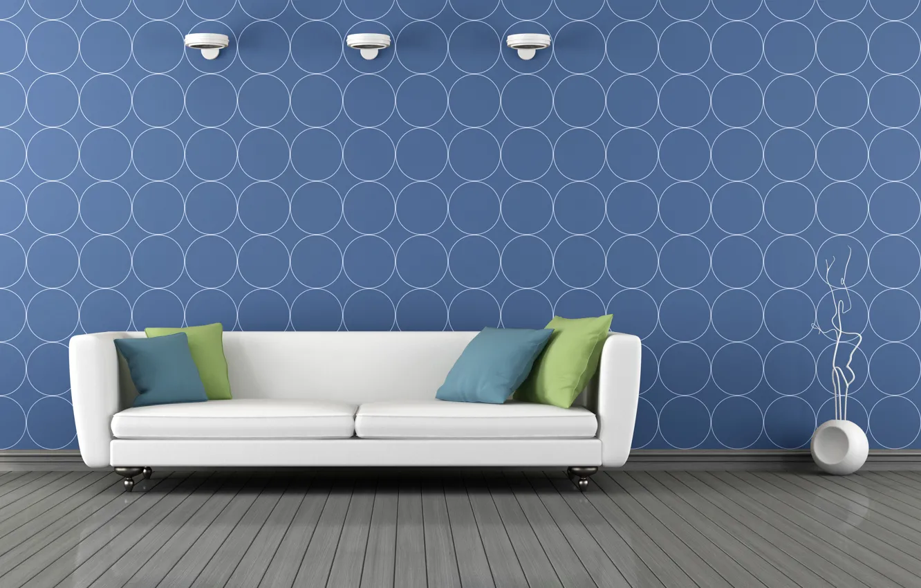 Photo wallpaper interior, pillow, interior, pillows, stylish design, stylish design, blue and white modern living room, Blue …