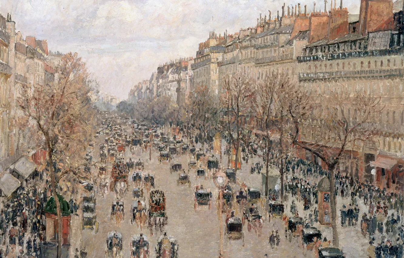 Photo wallpaper people, street, home, picture, the urban landscape, Camille Pissarro, Boulevard Montmartre in Paris, Camille Pissarro