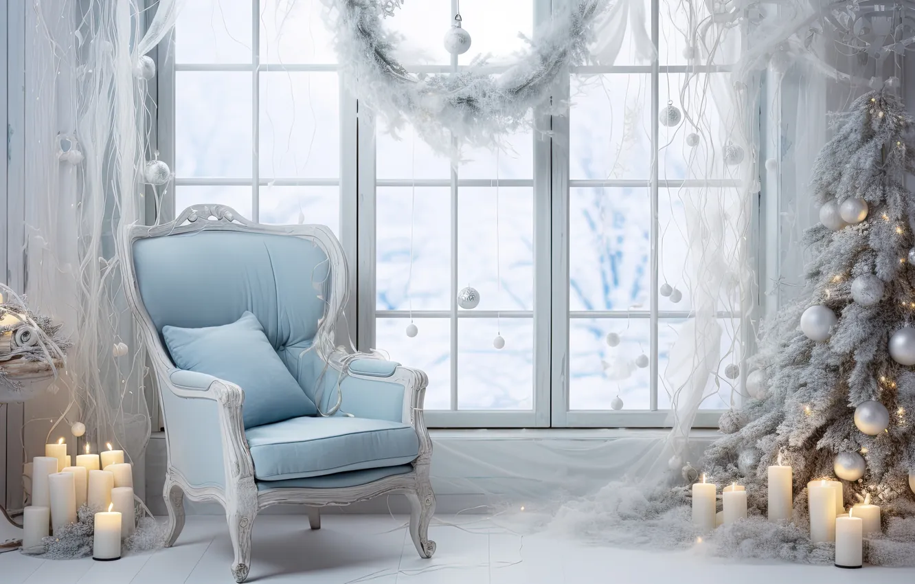 Photo wallpaper winter, frost, snow, decoration, room, tree, new year, interior