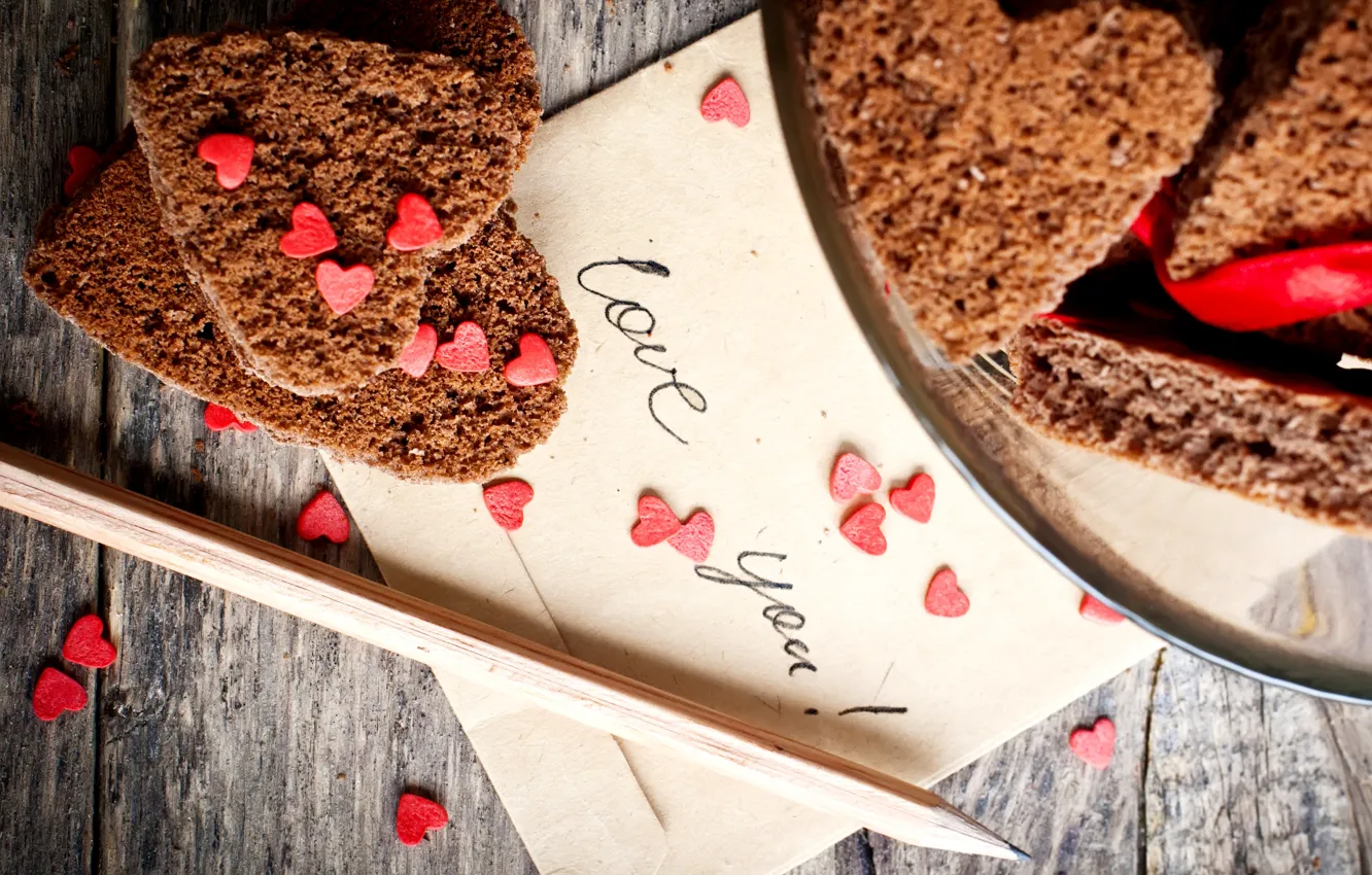 Photo wallpaper the inscription, cookies, plate, hearts, pencil, cakes, the envelope, love you