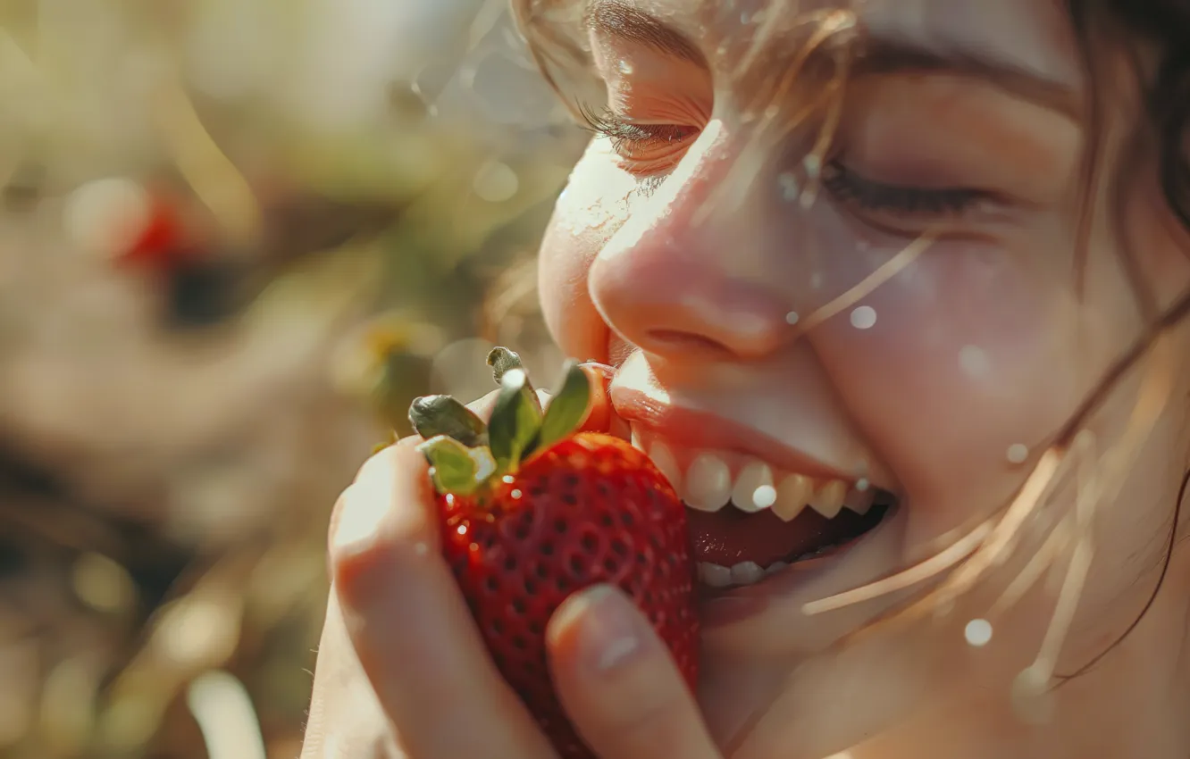 Photo wallpaper summer, girl, drops, light, joy, close-up, nature, face