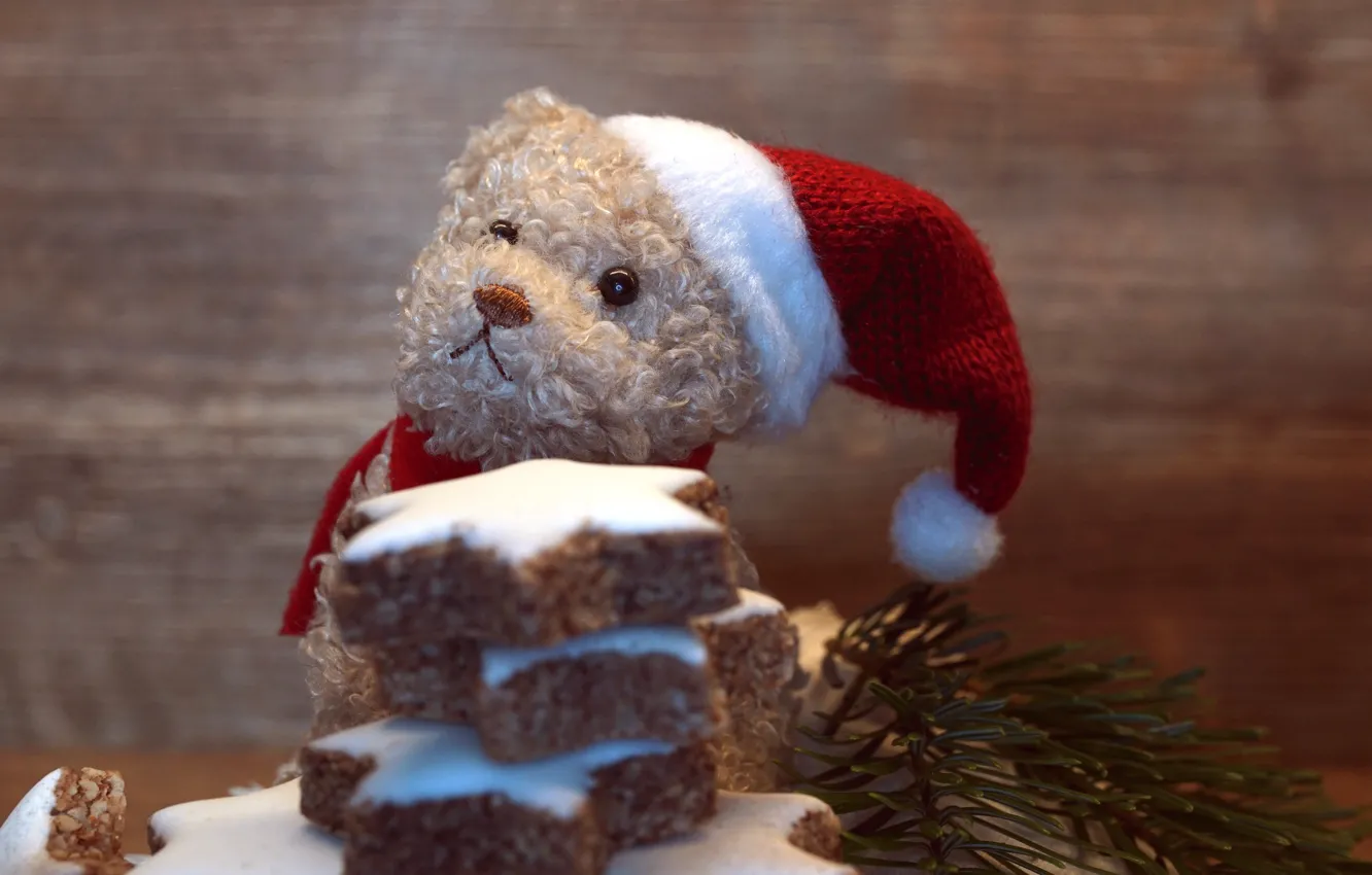 Photo wallpaper winter, branches, holiday, toy, Board, bear, cookies, Christmas