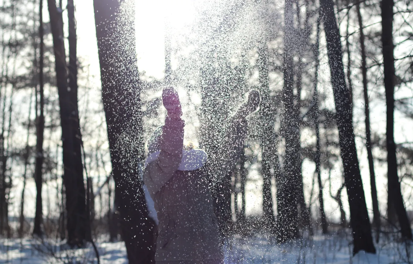 Photo wallpaper forest, girl, snow