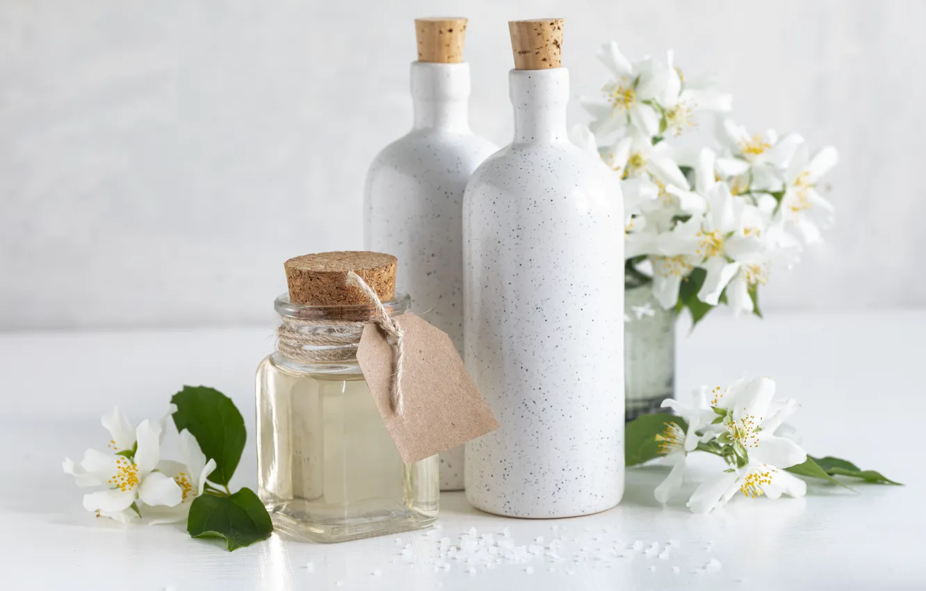 Photo wallpaper flowers, oil, jars, Spa, Jasmine, bottle